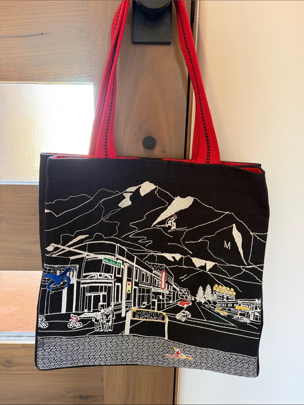 Beyond Cushions Bozeman, Montana Tote Bag-Scenic Embroidered Mountain Design
